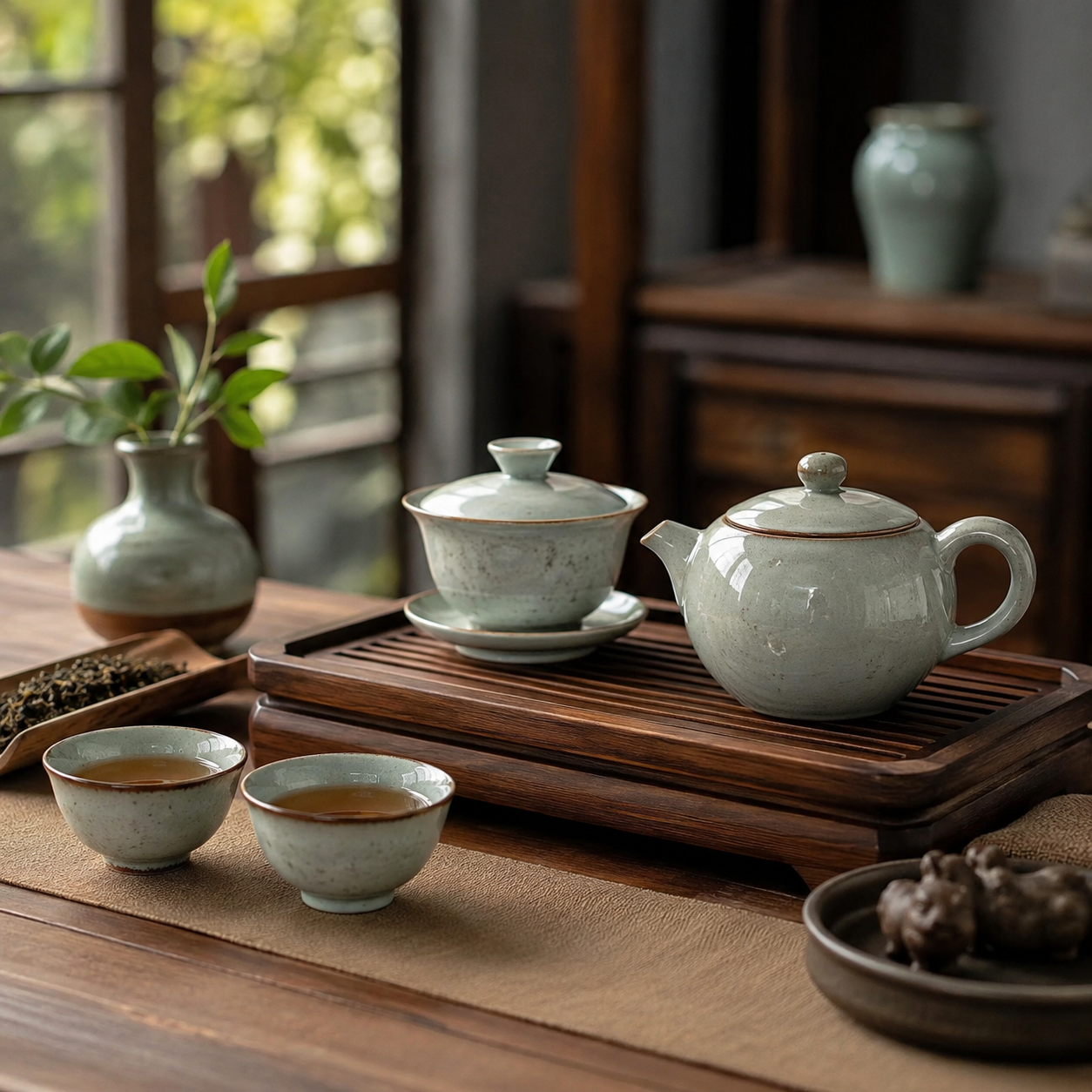 Celadon‑Grey Crackle Glaze Ceramic Tea Set