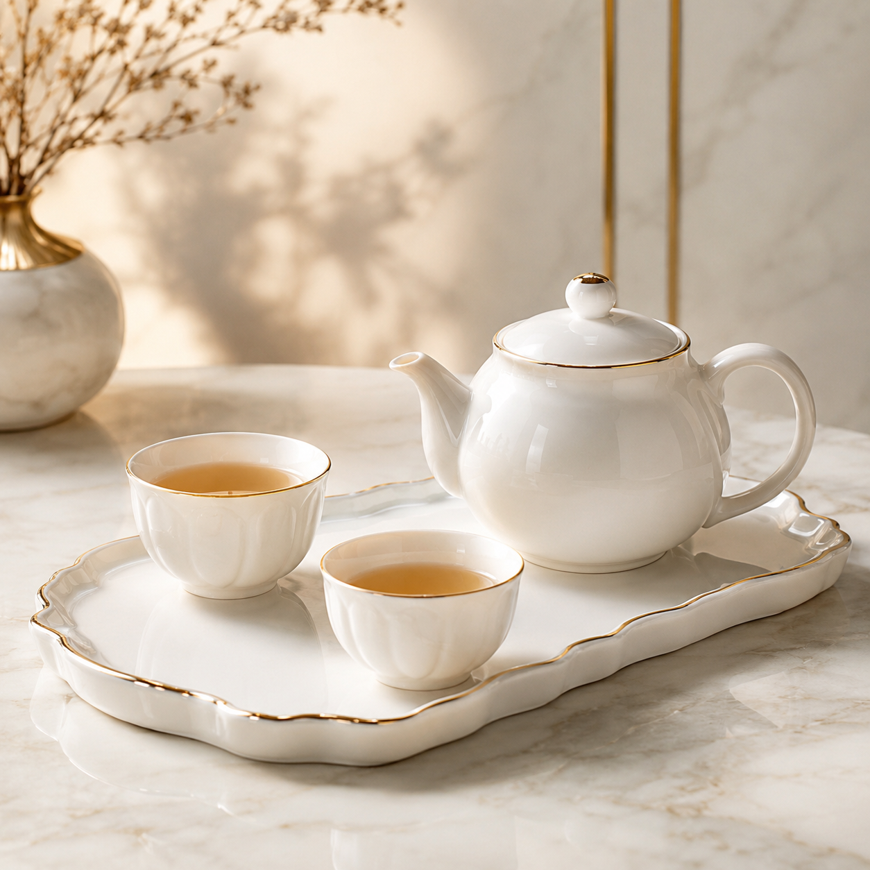 Luxury Gold‑Trim White Porcelain Tea Set