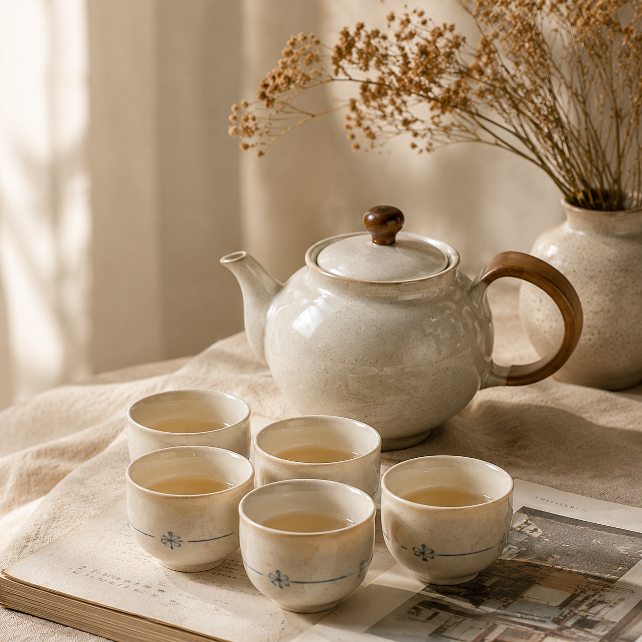 Japanese‑Style Stoneware Tea Set with Wooden Handle