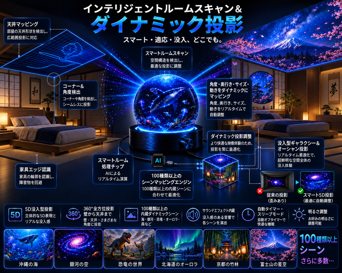 BVJ® 🏖️2026 PRO MAX 5Dスマート・ワールド・プロジェクター 🌎 Bluetooth操作と効果音で、100種類以上の没入型世界を創り出そう