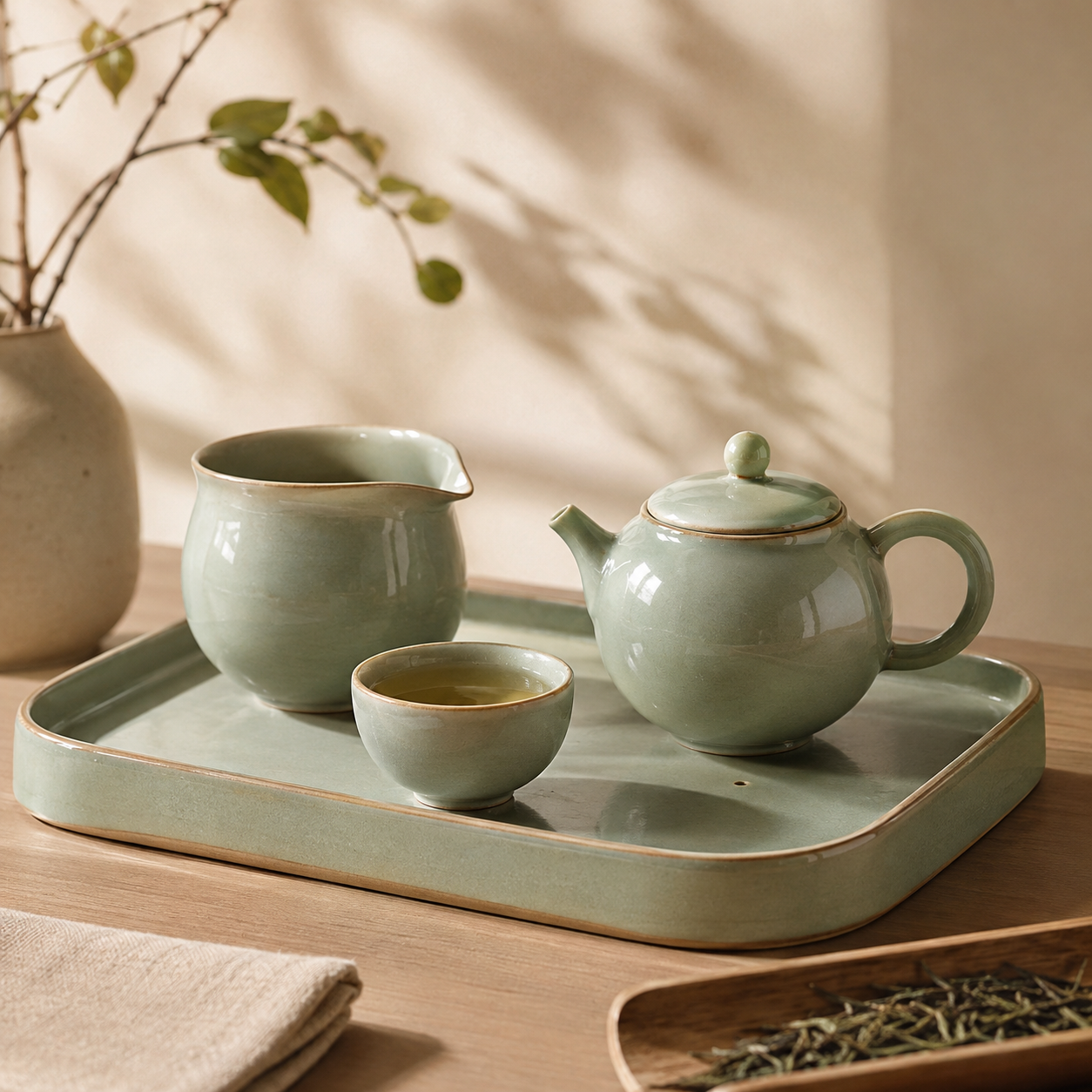 Muted Bean‑Green Glaze Ceramic Tea Set