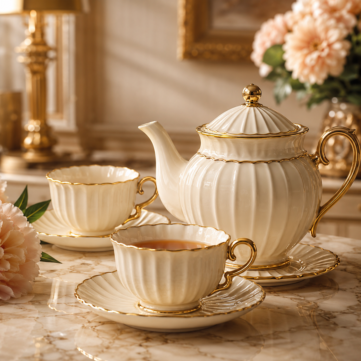 French Embossed Fluted Gold‑Trim Bone China Tea Set