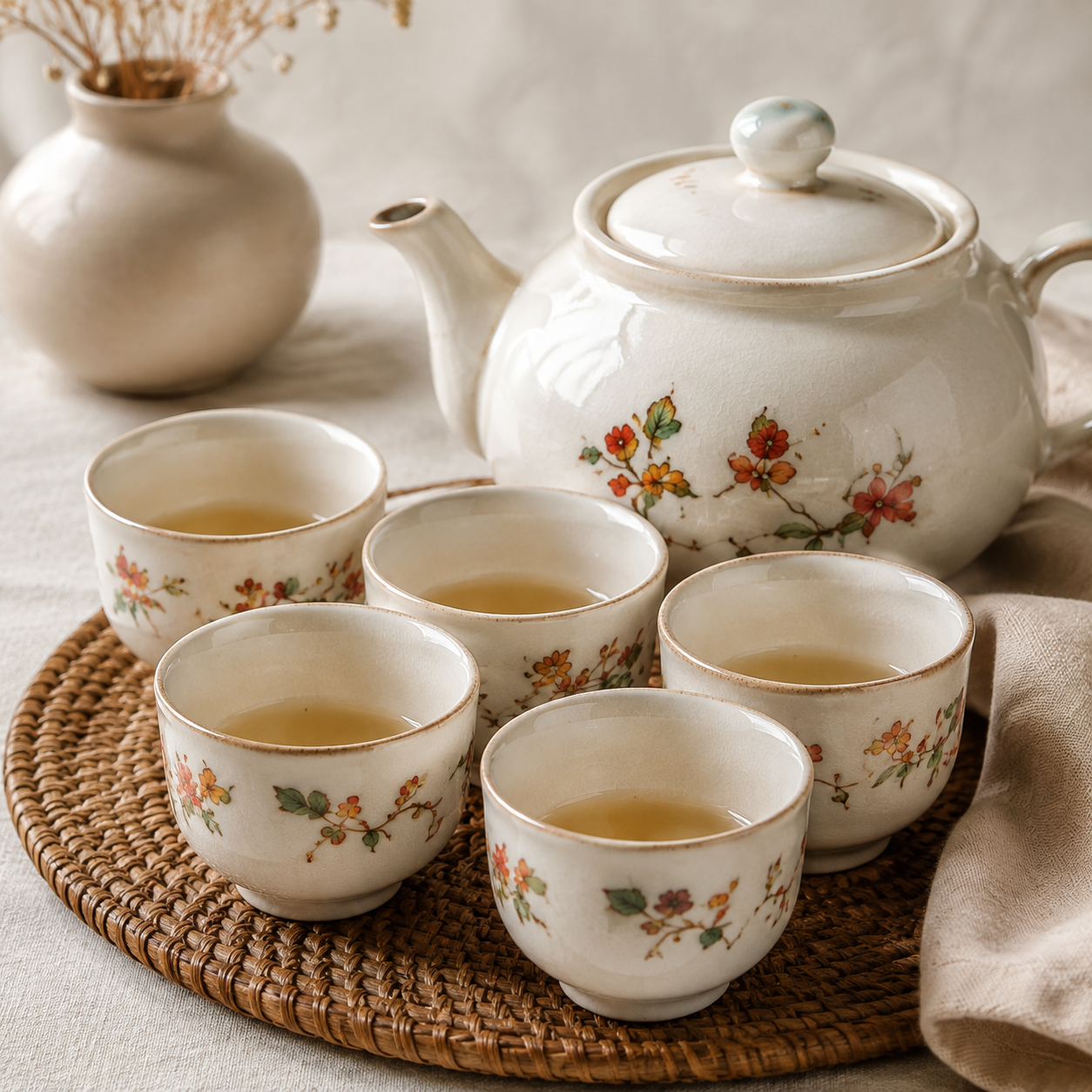 Vintage Crackle‑Glaze Floral Ceramic Tea Set