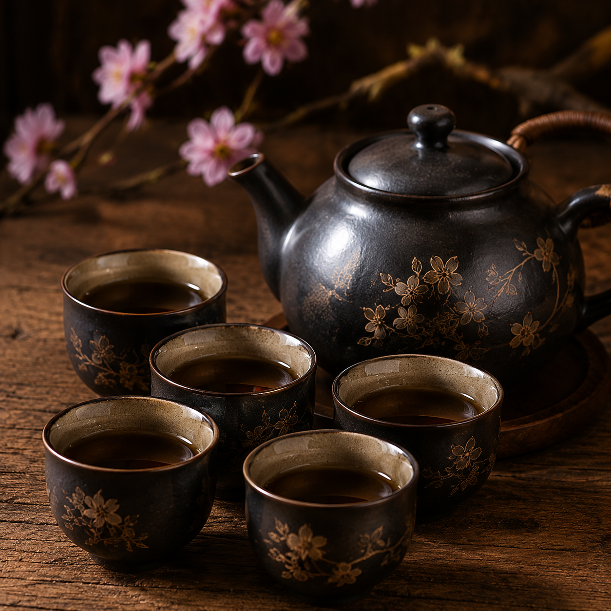Black‑Glaze Gold‑Inlaid Cherry Blossom Stoneware Tea Set