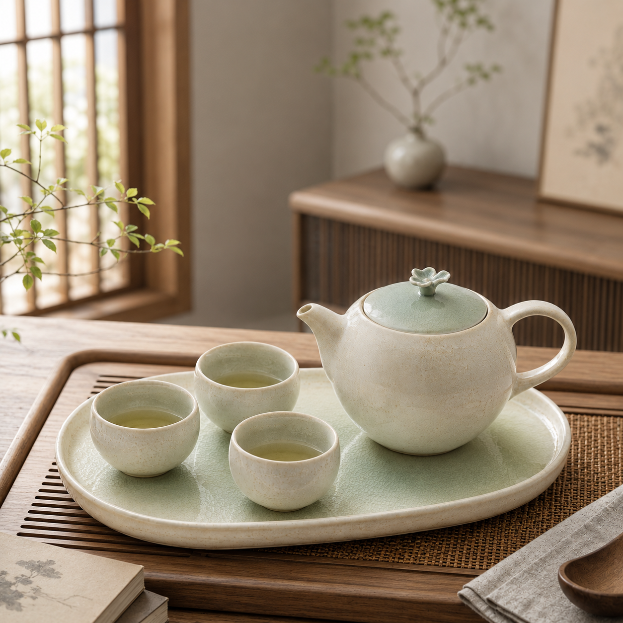 Green‑White Crackle‑Glaze Flower‑Knob Tea Set